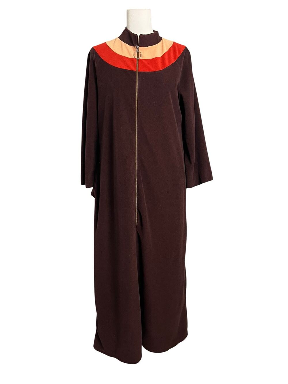 Vintage Vassarette Brown Fleece Zip Front Robe House Coat Retro Color Block